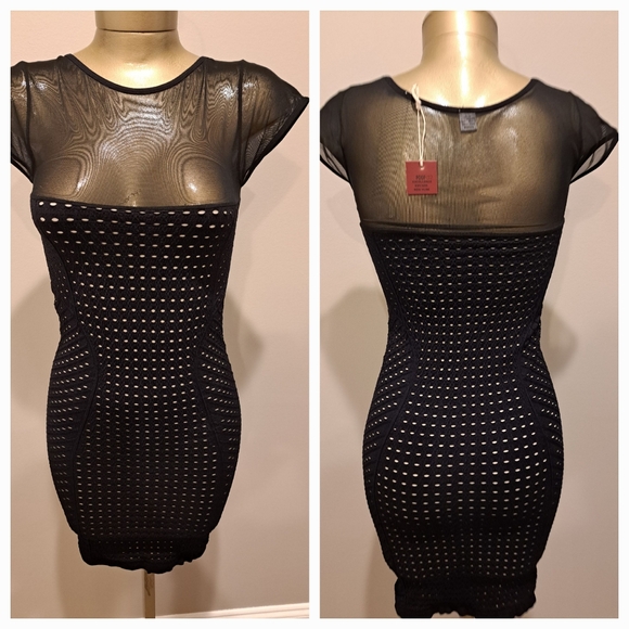 Poof Black Laser Cut Bodycon Dress With Shear Bodice - Picture 2 of 9